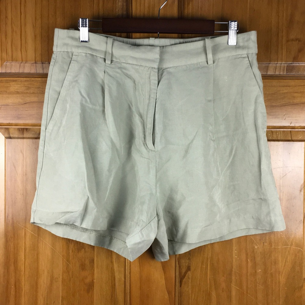 HM Linen Blend Pleated High Waisted Shorts Khaki Womens 12 Quiet Luxury Coastal